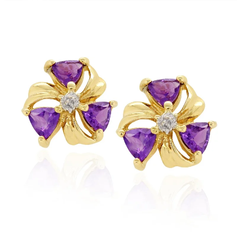 Tropical Earrings for Summer-YELLOW GOLD STUD EARRINGS WITH TRILLION CUT AMETHYST AND ROUND DIAMONDS, .01 CT TW