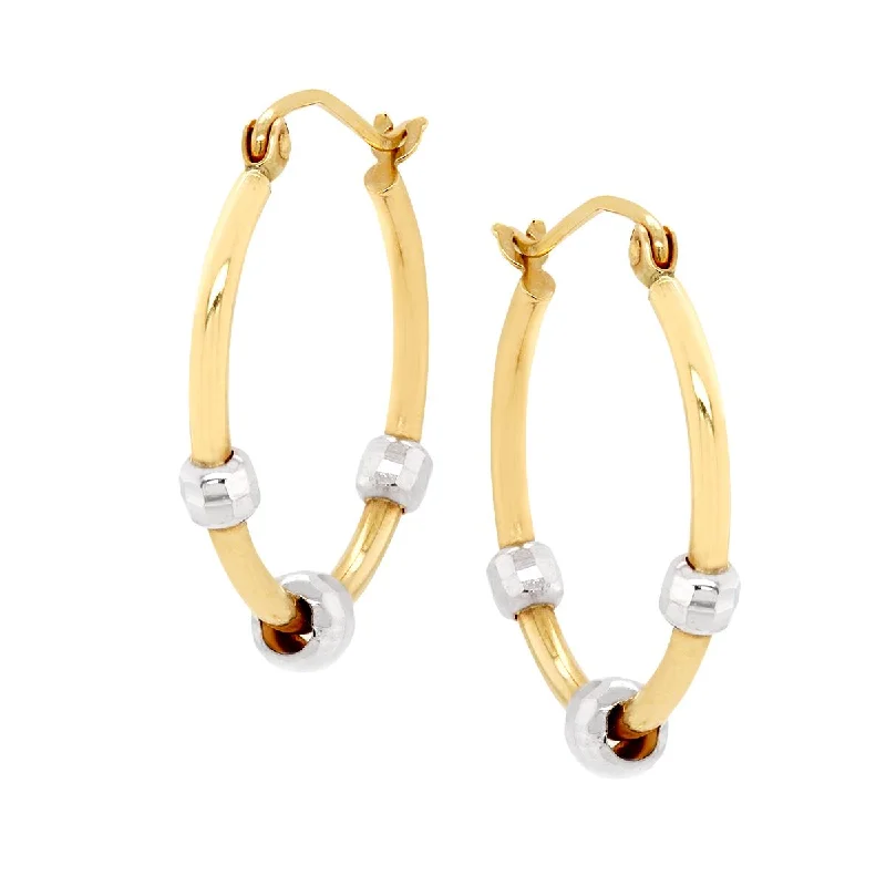 Round Stud Earrings-YELLOW GOLD HOOP EARRINGS WITH WHITE GOLD BEADS