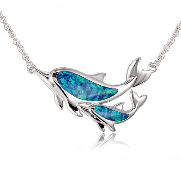 Classic Silver Necklace with Pendant-Sterling Silver Alamea Hawaii Blue Opal Dolphin and Baby Calf Necklace