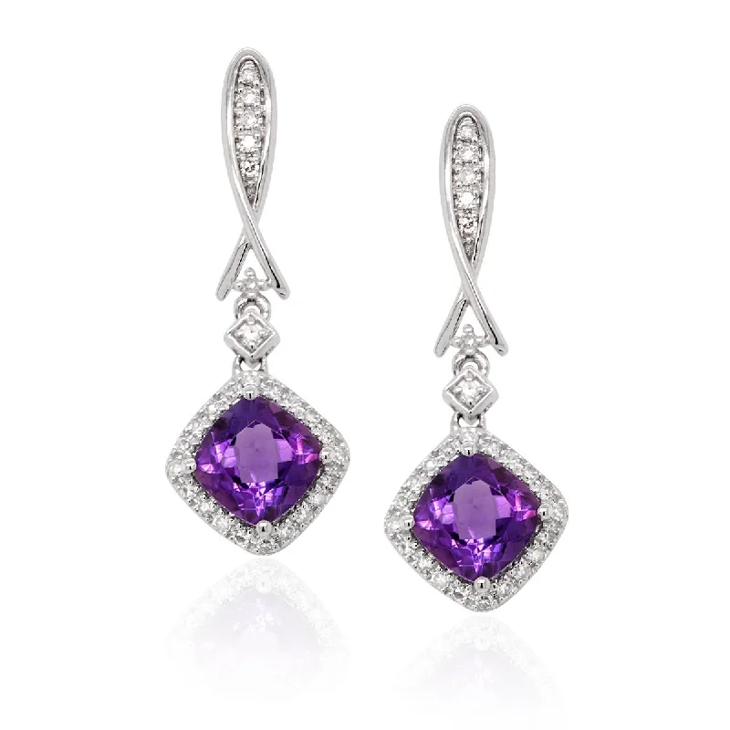 Handmade Hoop Earrings-WHITE GOLD AND AMETHYST DANGLE EARRINGS, .15 CT TW