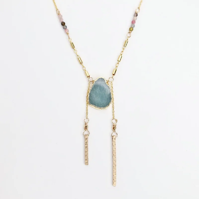 Sparkling Gemstone Necklace for Parties-Aquamarine Slice Necklace with Tourmaline & Bar Charms