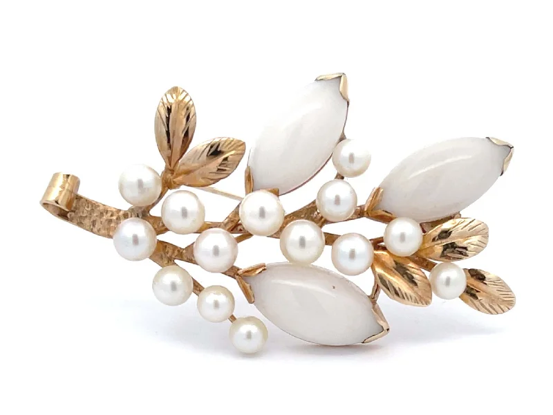 Elegant Crystal Brooch with Floral Motif-Mings White Jade and Pearl Branch Brooch in 14k Yellow Gold