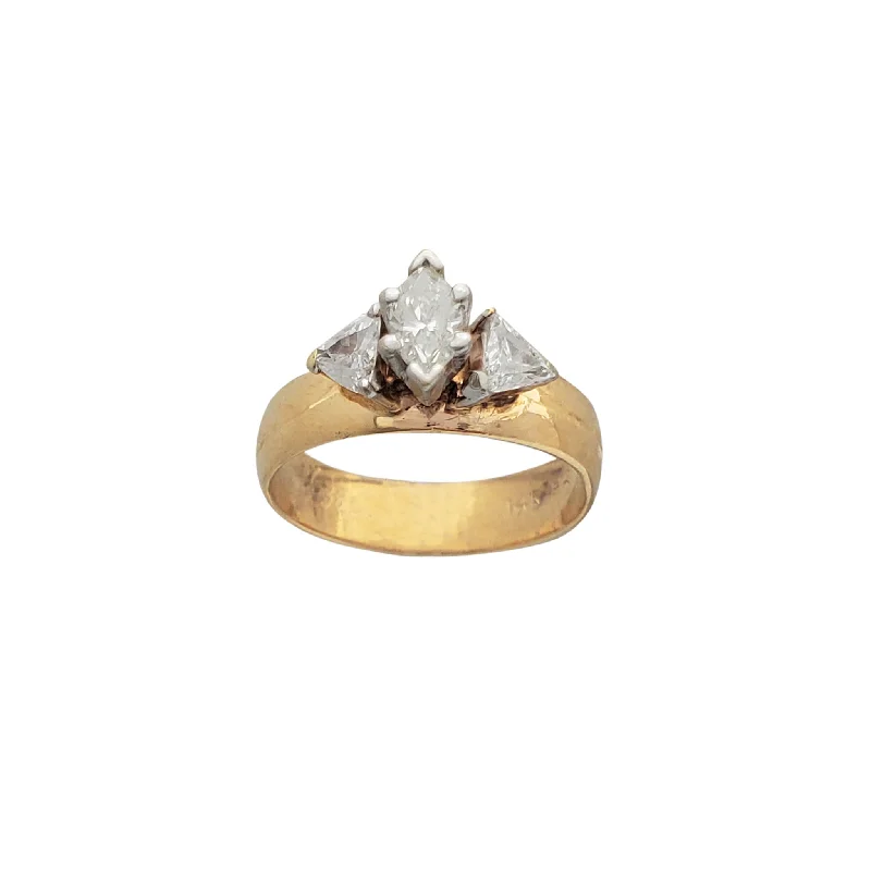 Simple Silver Ring with Crystal-Diamond Marquise & Trillion Traditional Band Engagement Ring (14K)