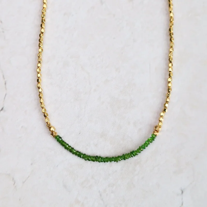 Trendy Gold Necklace with Colorful Gems-Gemstone Rondelle Necklace in Green Garnet