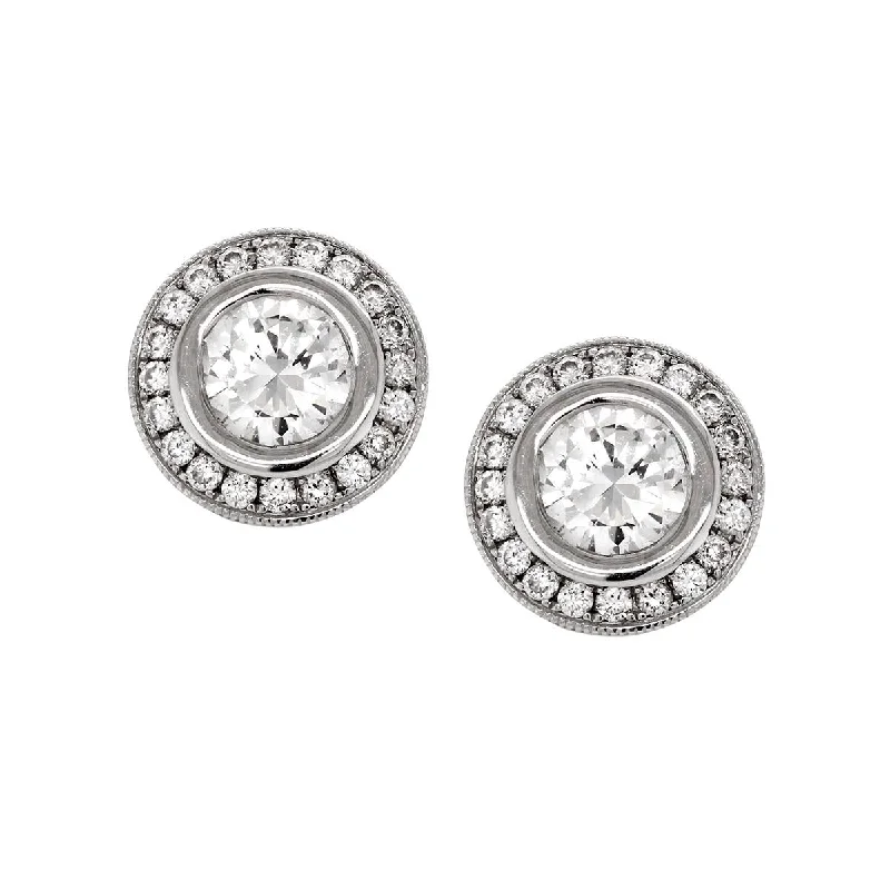 Faux Pearl Earrings-WHITE GOLD STUD EARRINGS WITH DIAMOND HALOS, 1.10 CT TW