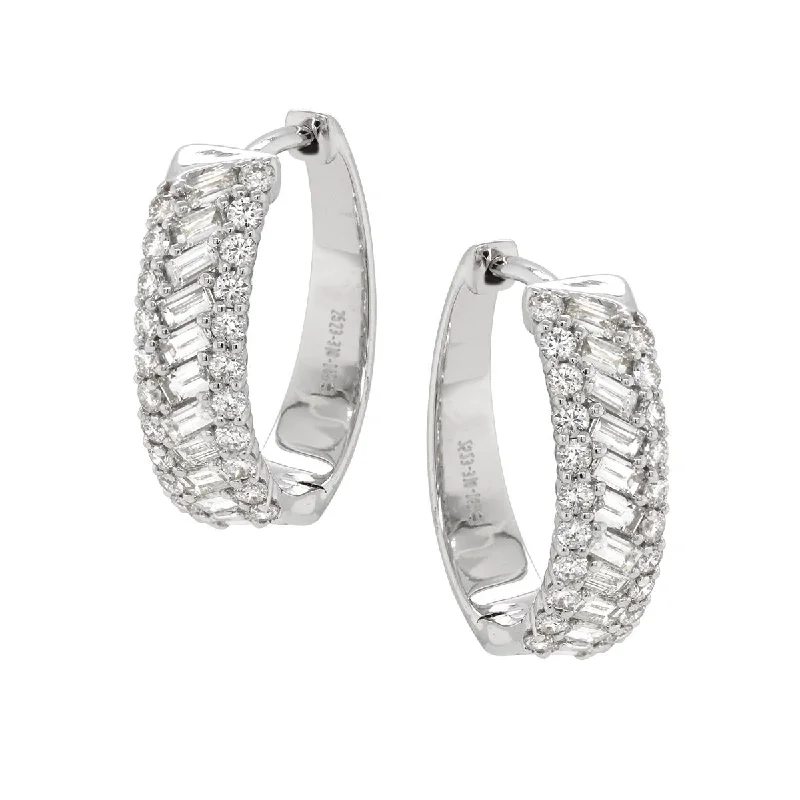 Golden Chandelier Earrings-WHITE GOLD HOOP EARRINGS WITH ROUND AND BAGUETTE DIAMONDS, .98 CT TW