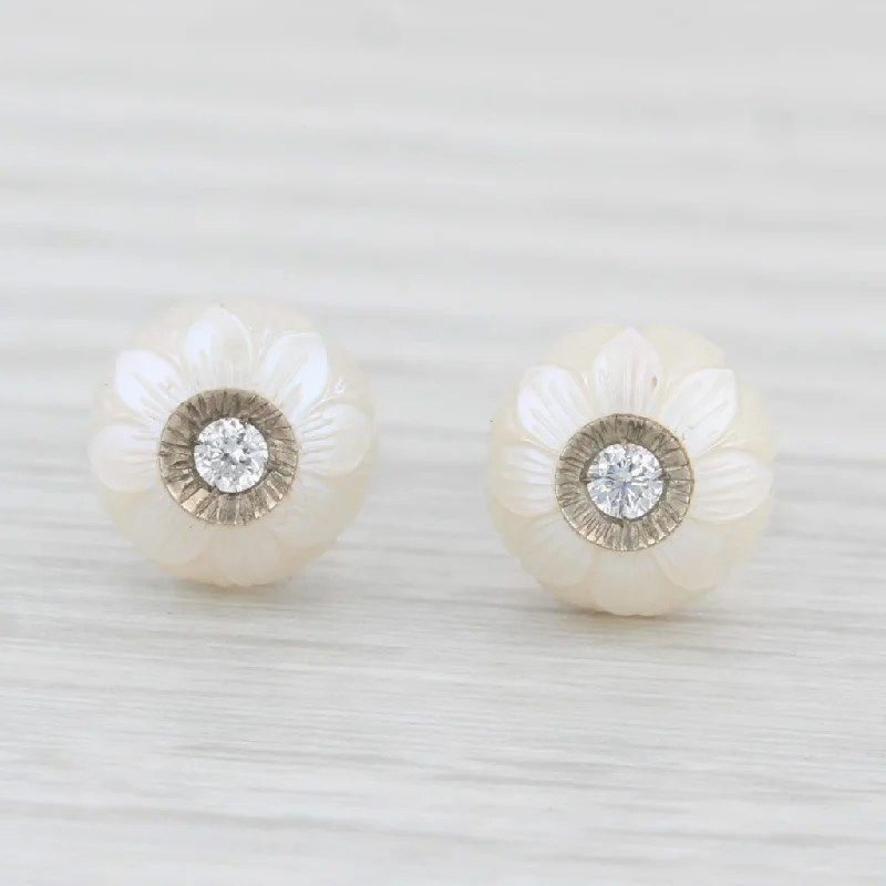 Long Silver Earrings-New Cultured Pearl Carved Flower Diamond Stud Earrings 14k White Gold Galatea