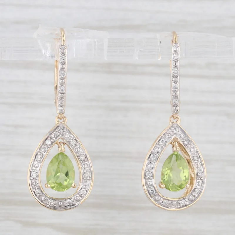 Vintage Gold Earrings-1.63ctw Peridot Diamond Teardrop Dangle Earrings 14k Yellow Gold Lever Backs