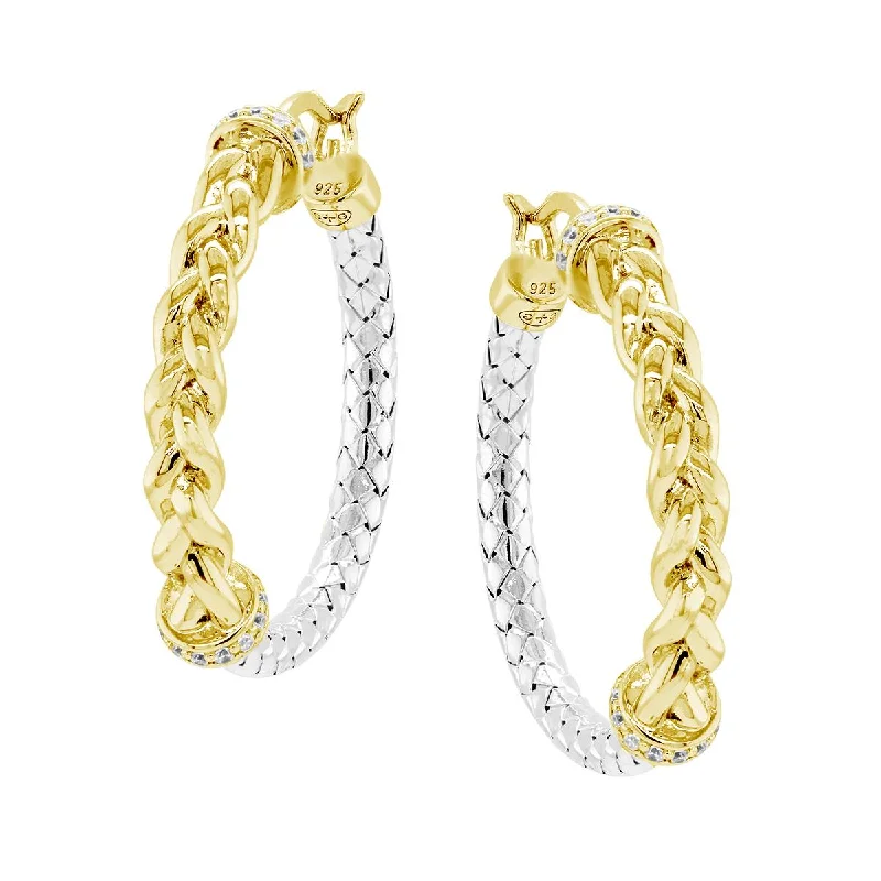 Art Deco Earrings-YELLOW GOLD PLATED STERLING SILVER HOOP EARRINGS WITH CUBIC ZIRCONIAS