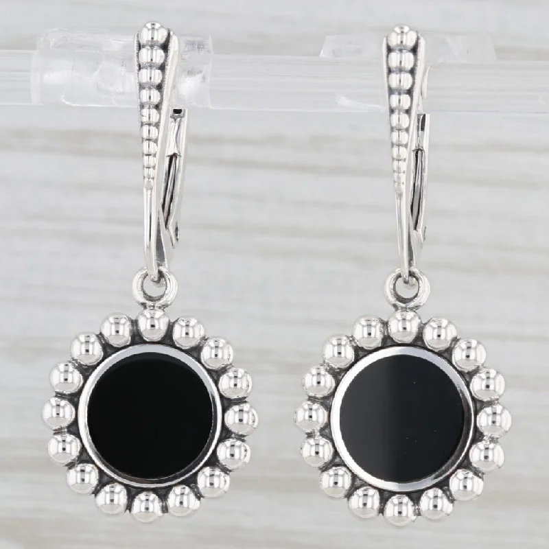 Luxury Hoop Earrings-New Lagos Maya Small Onyx Circle Drop Earrings Sterling Silver Pouch Tags Cloth