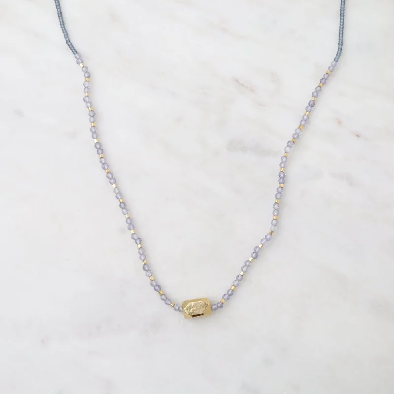 Unique Gold Pendant Necklace-Vermeil Nugget & Grey Seed Bead Necklace