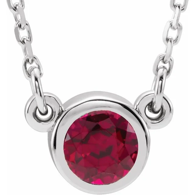 Custom Birthstone Necklace for Couples-Sterling Silver 4 mm Round Imitation Ruby Bezel-Set Solitaire 16" Necklace