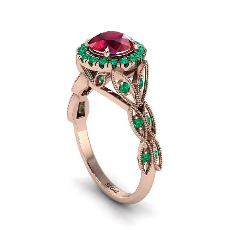 Custom Diamond Ring for Weddings-Ruby Halo Nature Inspired Leaf Engagement Ring - Alessandra No. 26