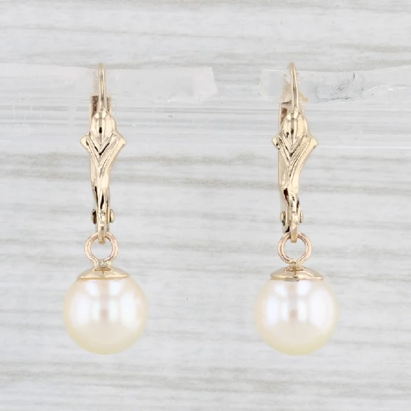 Evening Earrings for Glamour-Cultured Pearl Dangle Earrings 14k Yellow Gold Lever Back Drops