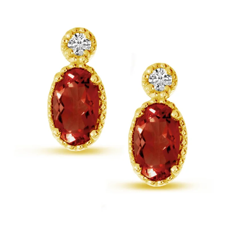 Designer Earrings for Fashion-YELLOW GOLD STUD EARRINGS WITH OVAL GARNETS AND ROUND DIAMONDS, .03 CT TW