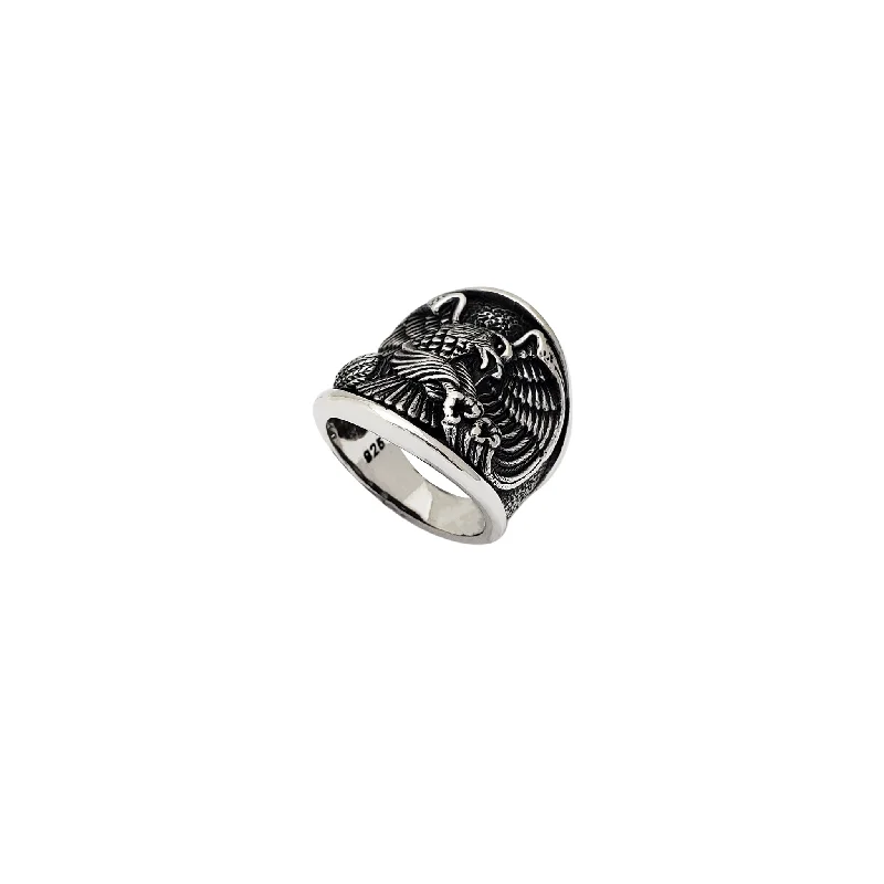 Classic Wedding Ring with Diamond Setting-Antique Look Wide Eagle Ring (Silver)