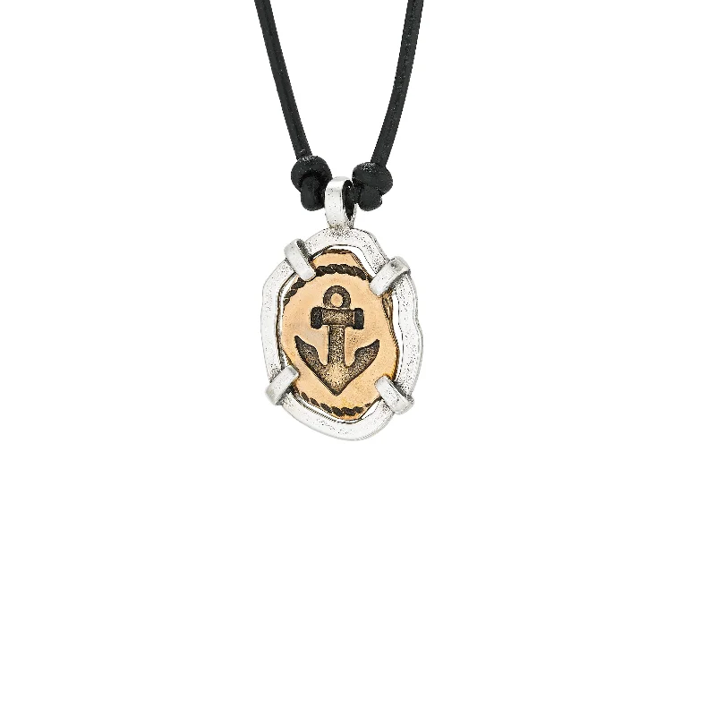 Wedding Necklace with Diamond Pendant-Nautical Anchor Two Tone Bezel Necklace