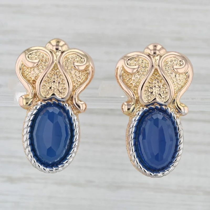 Greenstone Earrings for Fall-Blue Chalcedony Ornate Drop Earrings 14k Yellow Gold Omega Backs