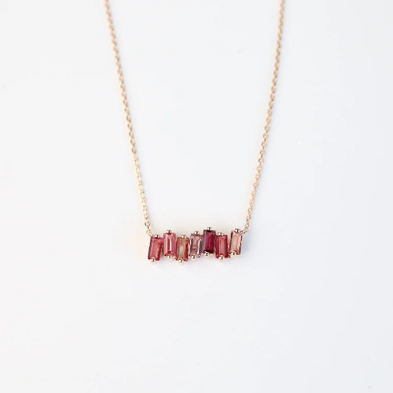 Vintage-Inspired Pendant Necklace-Rose Gold Mixed Pink Baguette Bar Necklace