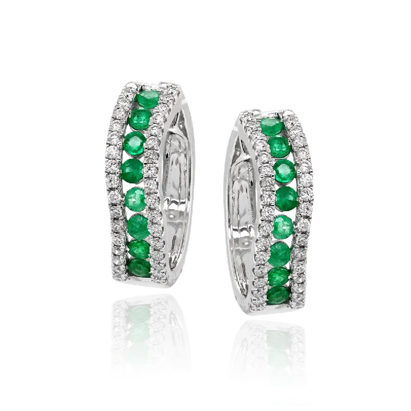 Oval Shaped Earrings-WHITE GOLD HOOP EARRINGS WITH EMERALDS AND DIAMONDS, .42 CT TW