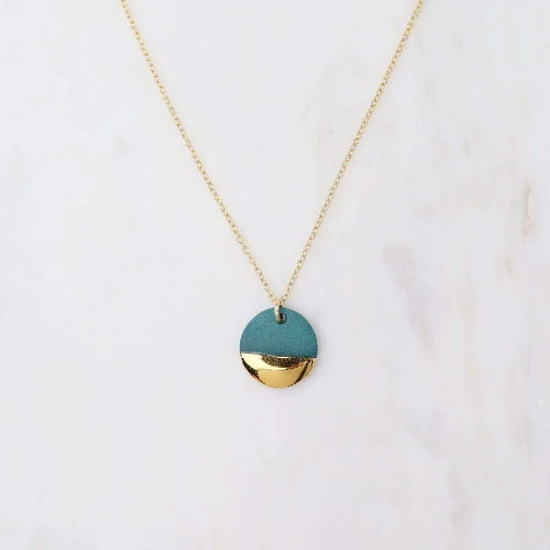 Trendy Beaded Necklace for Women-Teal Gold Dipped Flat Circle Necklace