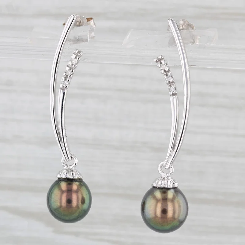 Bright Neon Earrings-Cultured Black Pearl Drop Diamond Earrings 14k White Gold Pierced