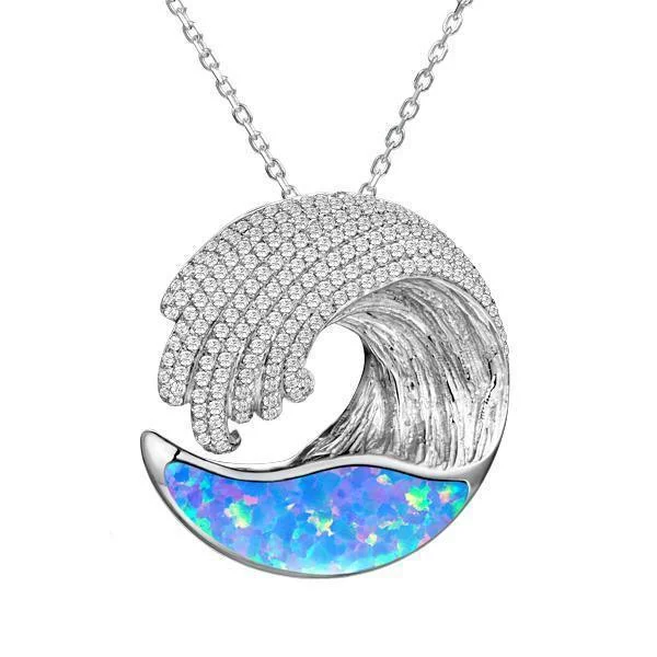 Handmade Gemstone Necklace for Gifts-Sterling Silver Blue Opal Ocean Wave Pendant by Alamea