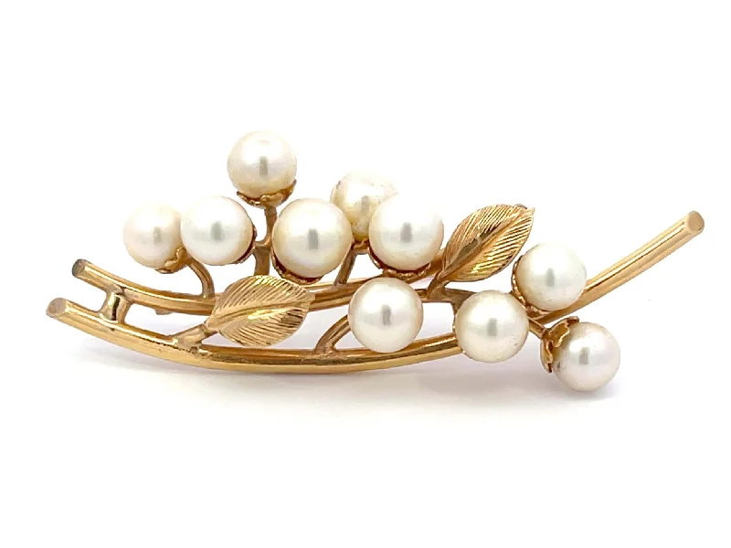 Custom Brooch with Birthstone and Initials-Mings Akoya Pearl Leaf Branch Brooch in 14k Yellow Gold