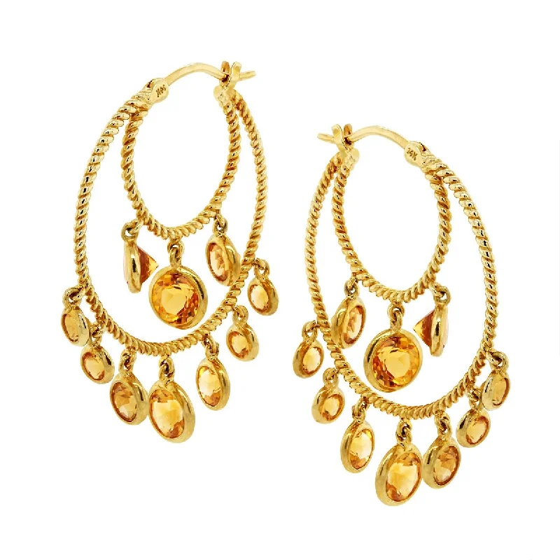 Zirconia Earrings for Evening Wear-YELLOW GOLD DOUBLE HOOP EARRINGS WITH DANGLING CITRINE GEMSTONES