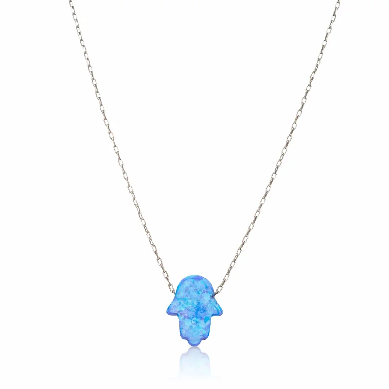 Sparkling Crystal Necklace for Bridesmaids-Blue Opal Hamsa Hand Necklace on Sterling Silver Chain