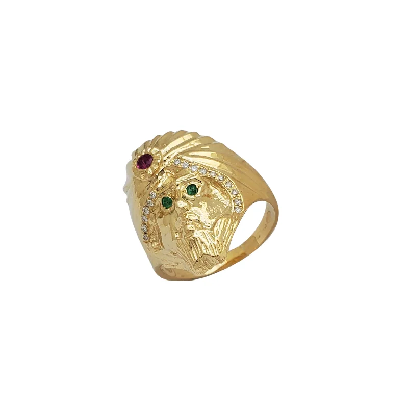 Vintage-inspired Silver Ring with Diamond-Diamond, Emerald & Ruby Arab Turban Head Ring (14K)