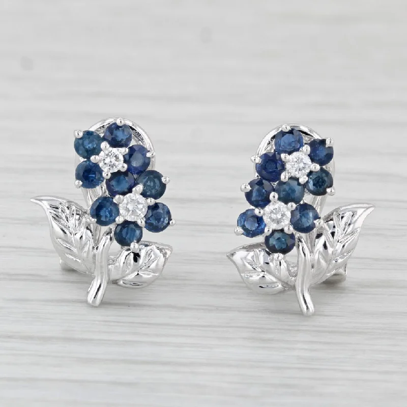 Personalized Crystal Earrings-0.88ctw Blue Sapphire Diamond Flower Earrings 18k White Gold Omega Backs