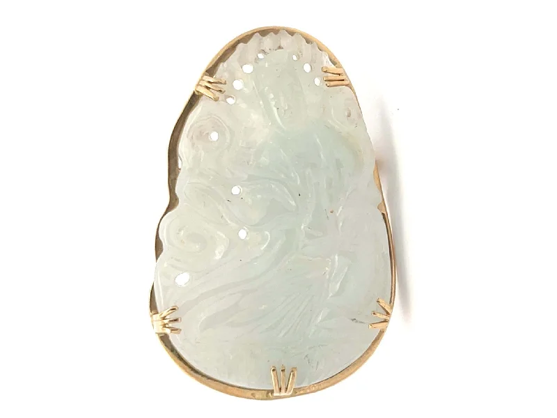 Luxury Gold Brooch with Floral Design-Mings Guanyin Pale Green Jade Carved Brooch Pendant in 14k Yellow Gold