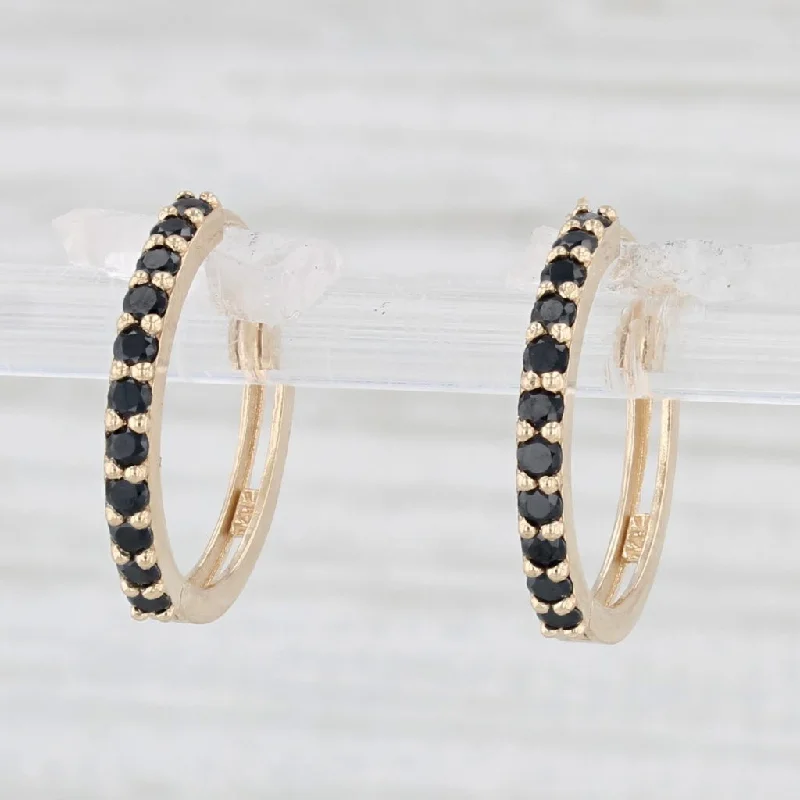 Handmade Silver Earrings-Black Cubic Zirconia Hoop Huggie Earrings 14k Yellow Gold Round Hoops