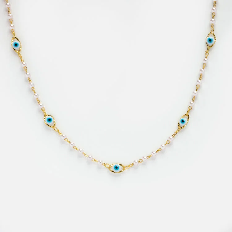 Classic Gold Pendant Necklace-Dainty Evil Eye Pearl Necklace