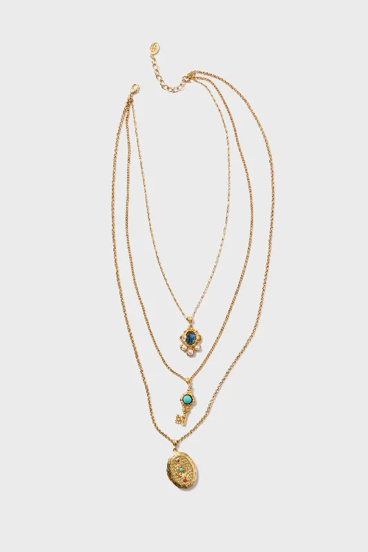 Trendy Gold Necklace with Colorful Gems-Gold Tiered Pendant Necklace