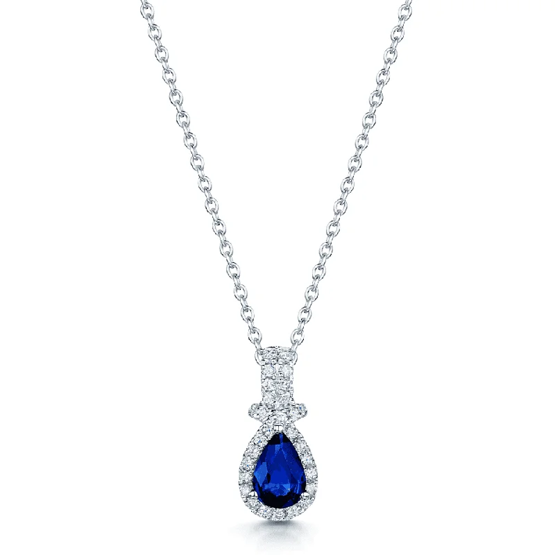 Modern Pearl Necklace for Casual Wear-18ct White Gold Pear Shape Blue Sapphire & Round Brilliant Cut Diamond Halo Pendant