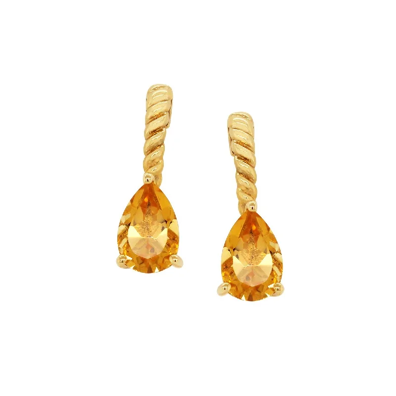 Long Silver Earrings-YELLOW GOLD DANGLE EARRINGS WITH PEAR SHAPED CITRINE