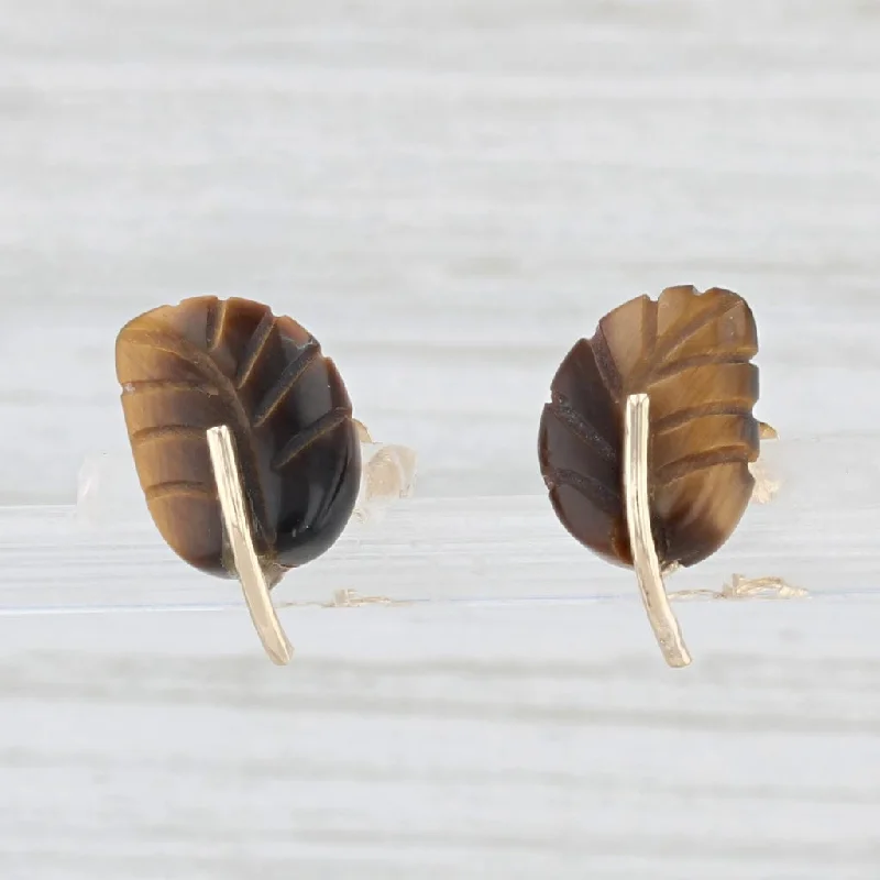 Statement Earrings for Fall-Vintage Carved Leaf Tiger's Eye Stud Earrings 14k Yellow Gold