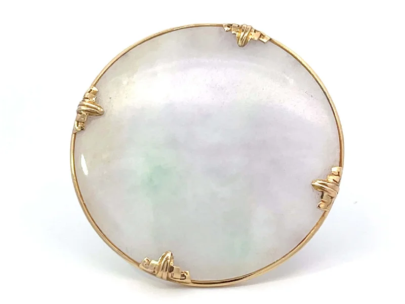 Customizable Flower Brooch with Special Message-Mings Hawaii Round White Jade Brooch 14k Yellow Gold