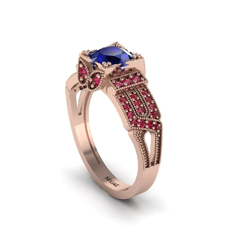 Simple Diamond Ring for Everyday Wear-Sapphire Milgrain Gold Engagement Ring - Lyric No. 59