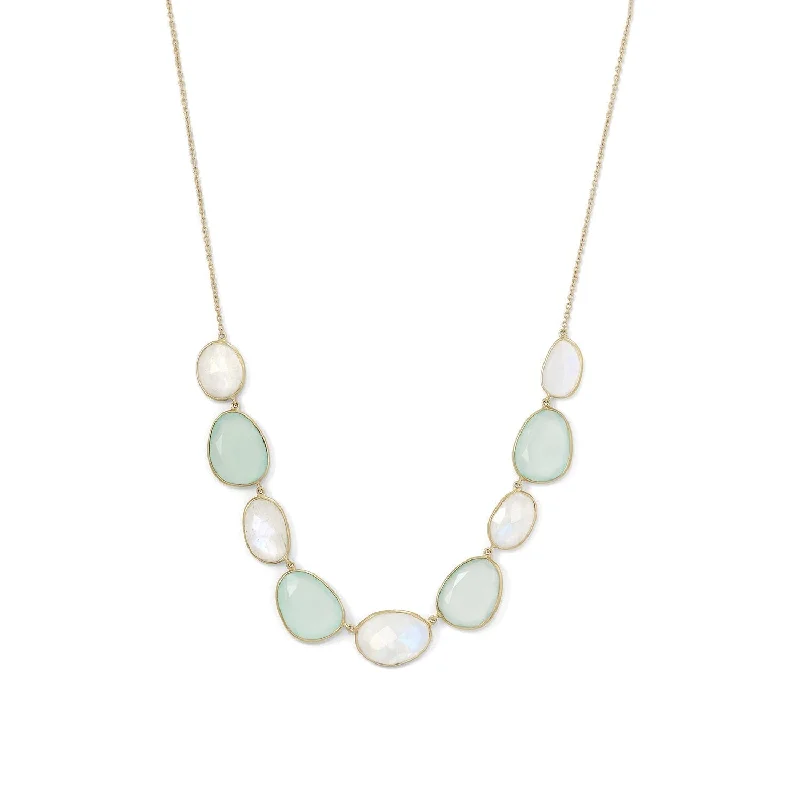 Minimalist Gold Necklace for Women-Sterling Silver 14k Yellow Gold Plated Rainbow Moonstone & Green Chalcedony Necklace