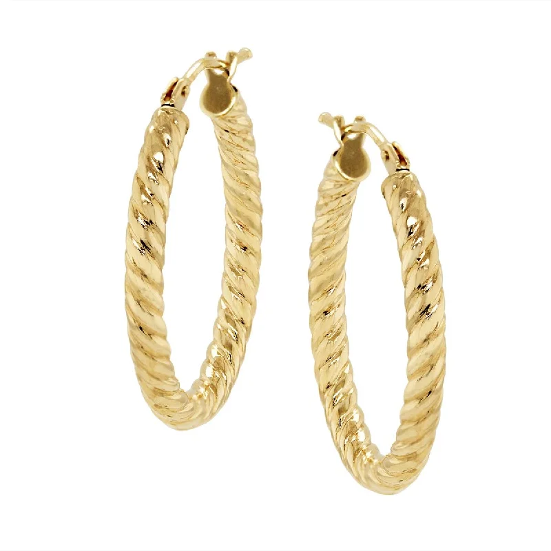 Silver Teardrop Earrings-YELLOW GOLD OVAL HOOP EARRINGS WITH A TWIST