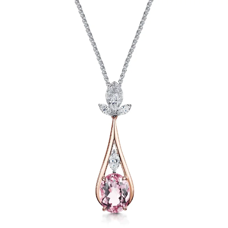 Handcrafted Silver Necklace with Pendant-18ct Rose & White Gold Oval Cut Pink Tourmaline & Marquise Cut Diamond Pendant