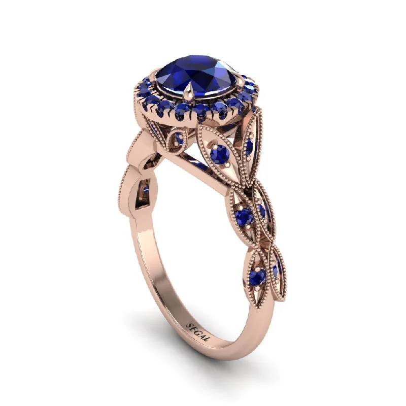 Luxury Gold Ring with Diamond Accents-Sapphire Halo Nature Inspired Leaf Engagement Ring - Alessandra No. 74