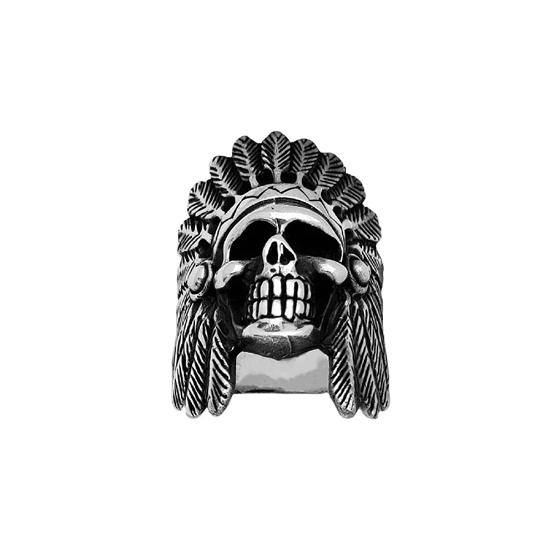 Boho Gold Ring with Feather and Gemstone-Antique Finish Indian Head Skull Ring (Silver)