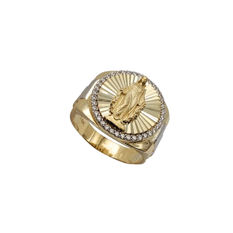 Handcrafted Silver Ring with Gemstones-Zirconia Two-Tone Fluted Signet Virgin Mary Emblem Ring (14K)