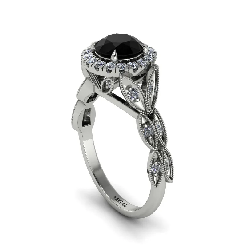 Unique Diamond Ring for Special Gifts-Black Diamond Halo Nature Inspired Leaf Engagement Ring - Alessandra No. 9