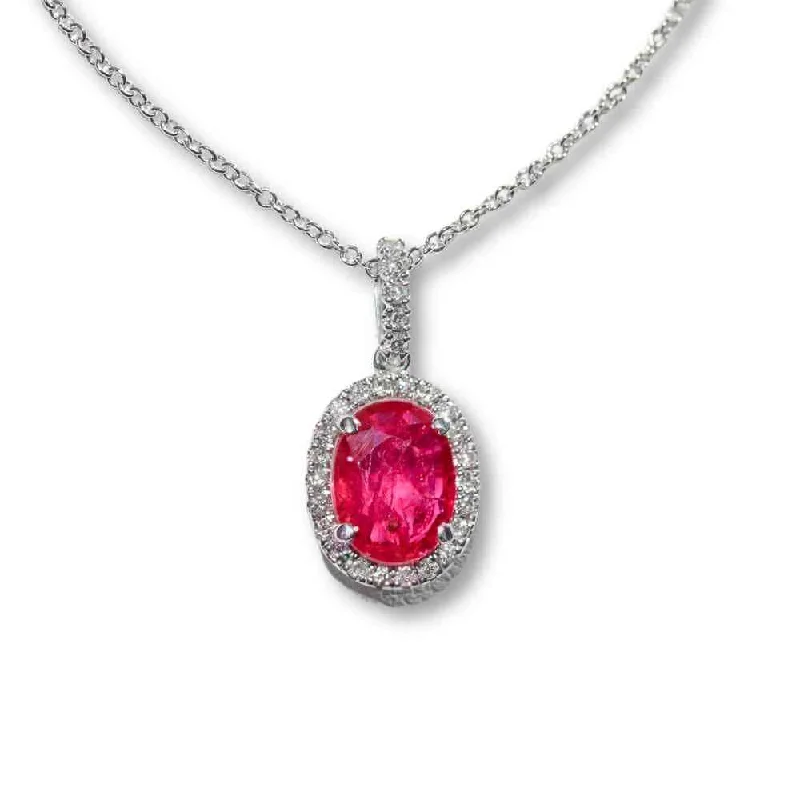 Dainty Gold Necklace for Daily Wear-14K Ruby and Diamond Halo Pendant WG Necklace