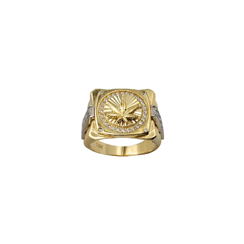 Unique Geometric Ring for Fashionistas-Zirconia Greek Key Fluted Signet Cannabis Ring (14K)